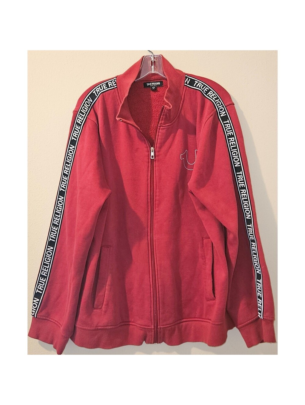 True Religion Men's XL Red Full Zip Fleece Track Jacket Logo Tape Sleeves